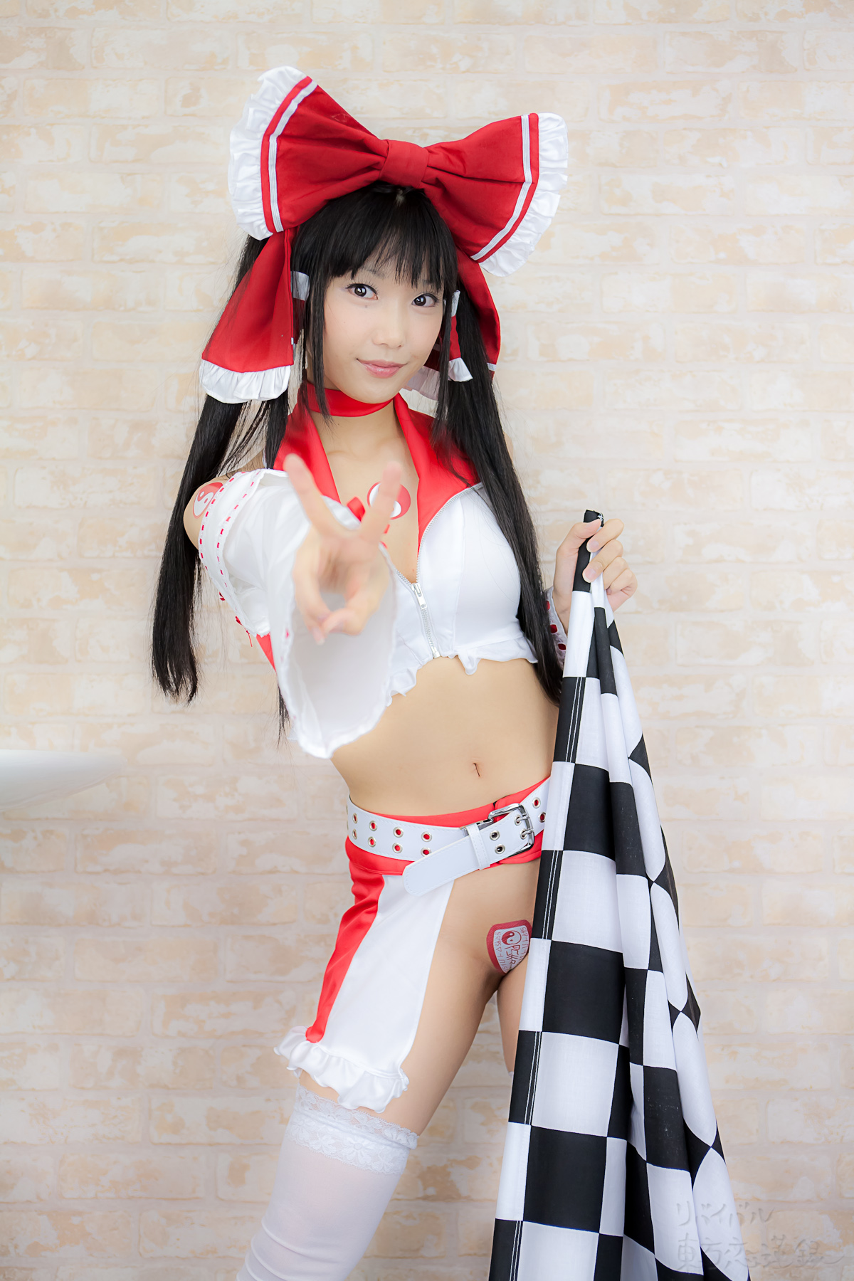 asian belt black_hair breasts cosplay female high_heels long_hair midriff shoes solo thighhighs