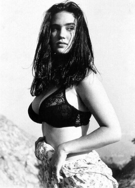 black_and_white black_hair bra breasts celebrity dark_hair female green_eyes jennifer_connelly jewish jewish_female large_breasts lingerie parted_lips solo