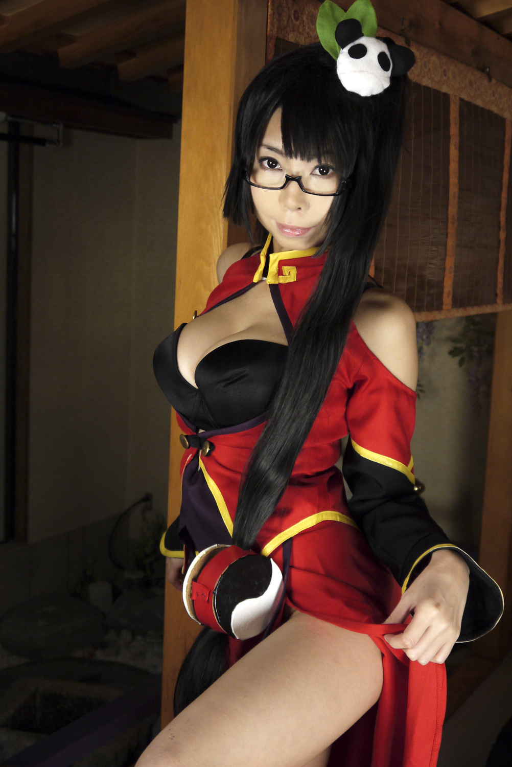 ashiya_noriko asian black_hair breasts cleavage female glasses high_heels large_breasts long_hair ponytail shoes solo