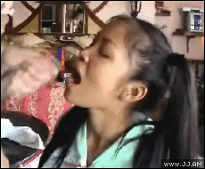 animated asian black_hair clothed_female_nude_male cum ejaculation gif long_hair masturbation open_mouth penis pigtails tongue