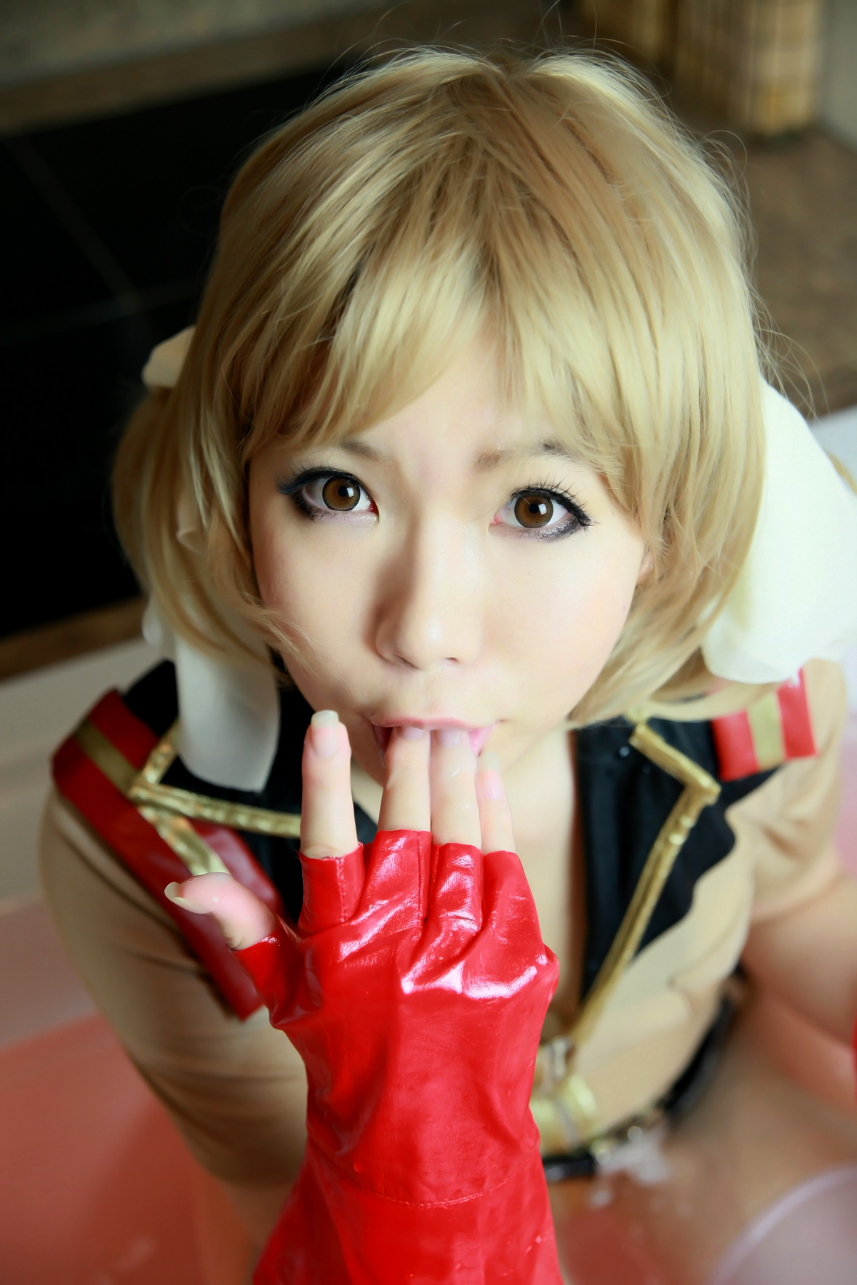 asian blonde_hair breasts female gloves pigtails short_hair solo