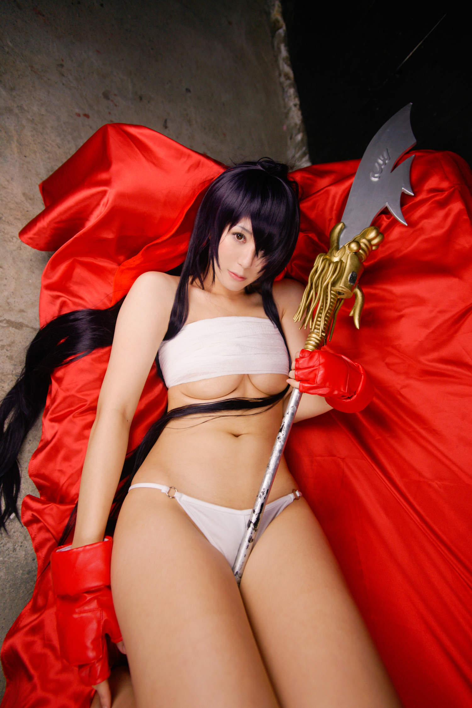 asian bare_shoulders black_hair breasts cosplay female large_breasts long_hair midriff navel solo spear underboob weapon