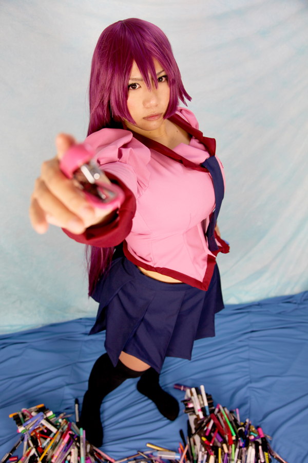 asian breasts chouzuki_maryou cosplay female huge_breasts long_hair purple_hair skirt socks solo