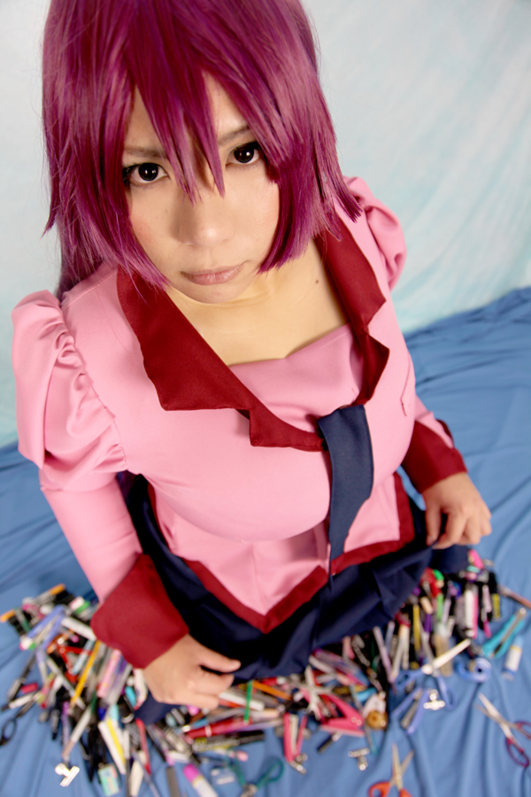 asian breasts chouzuki_maryou cosplay female huge_breasts long_hair purple_hair skirt socks solo