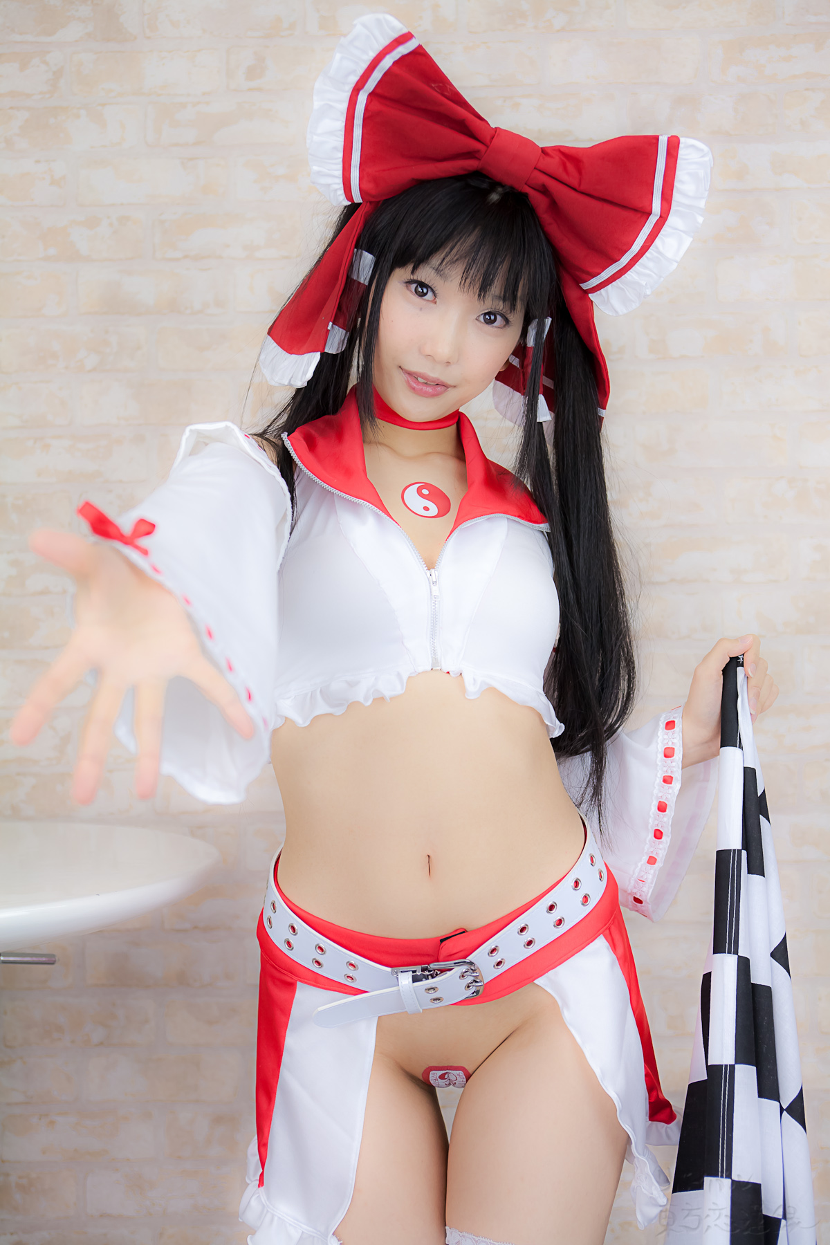 asian belt black_hair breasts cosplay female high_heels long_hair midriff shoes solo thighhighs