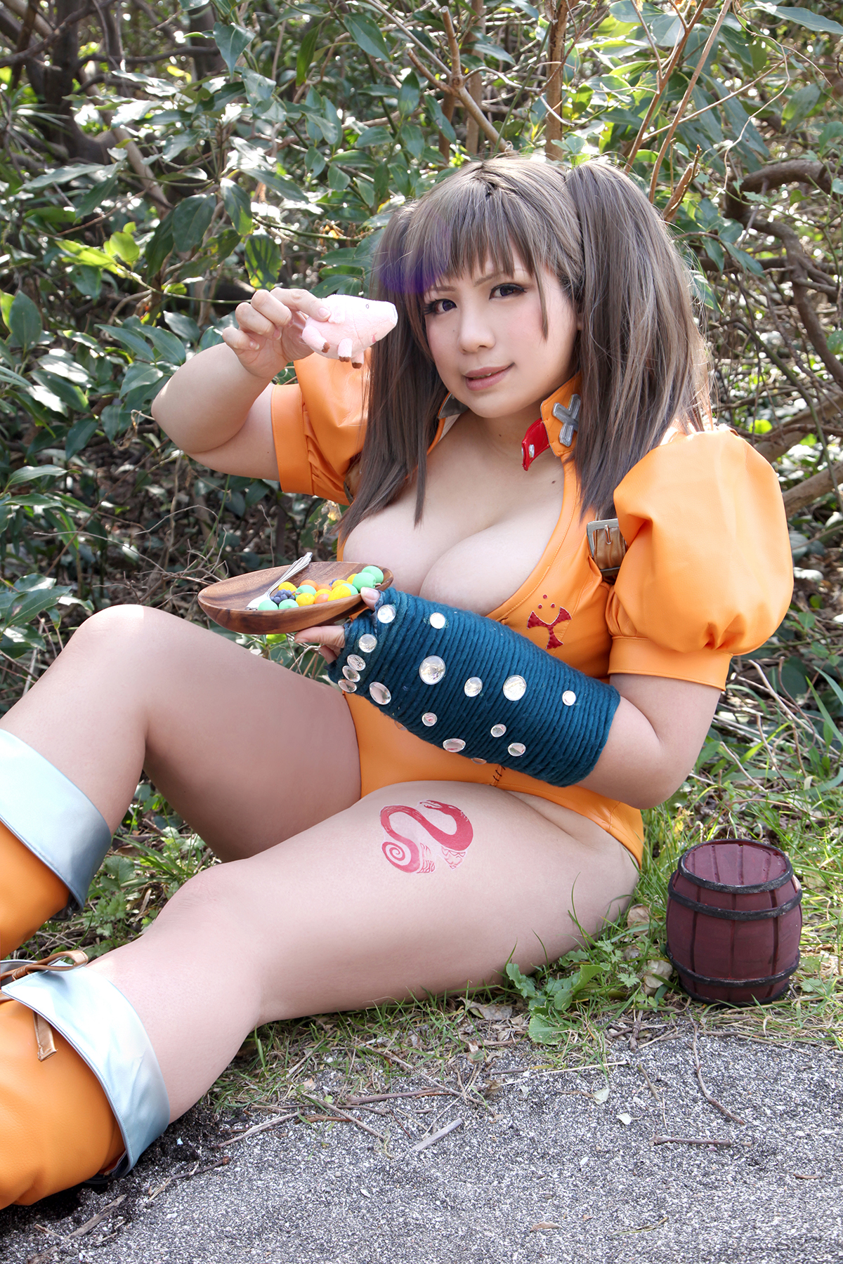 asian breasts brown_hair chouzuki_maryou cosplay female huge_breasts long_hair plump solo