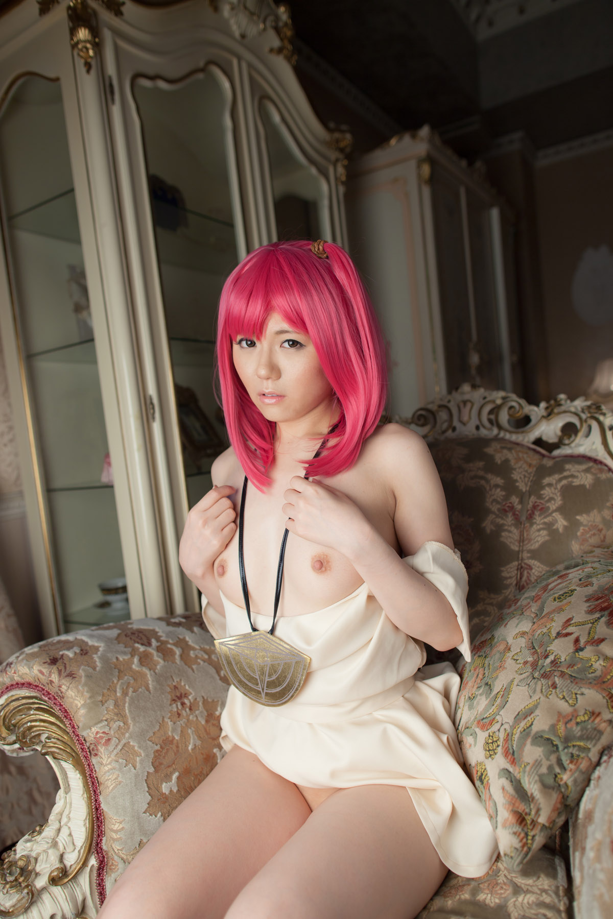 asian breasts female itsuki_akira long_hair pink_hair solo