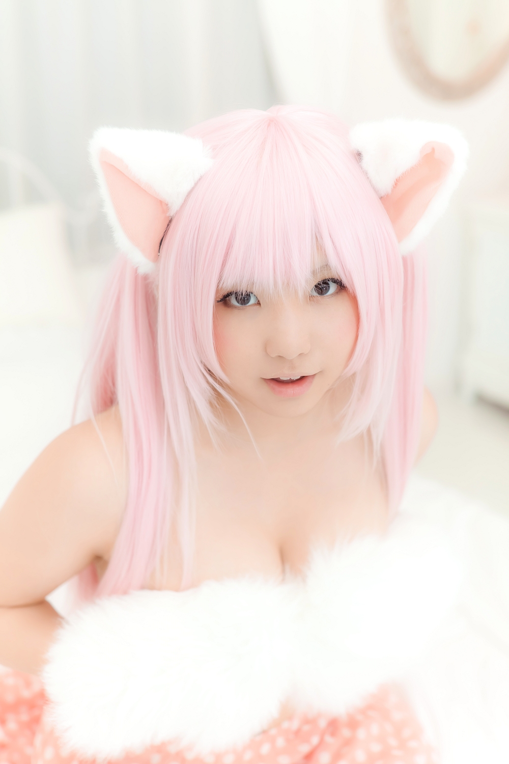 animal_ears asian breasts cosplay enako female long_hair pink_hair solo