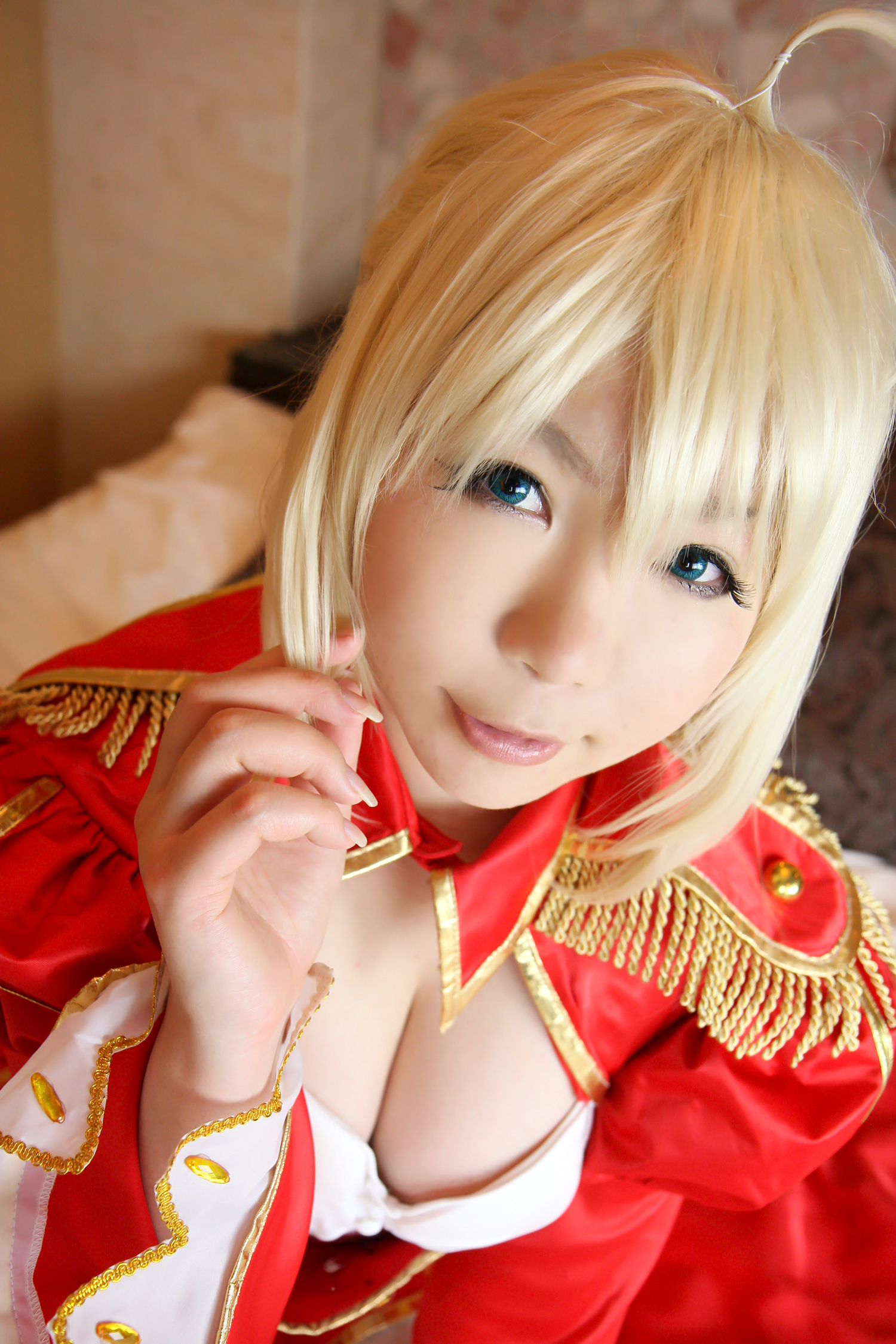 asian bed blonde_hair boots breasts cleavage cosplay dress female high_heels long_hair solo