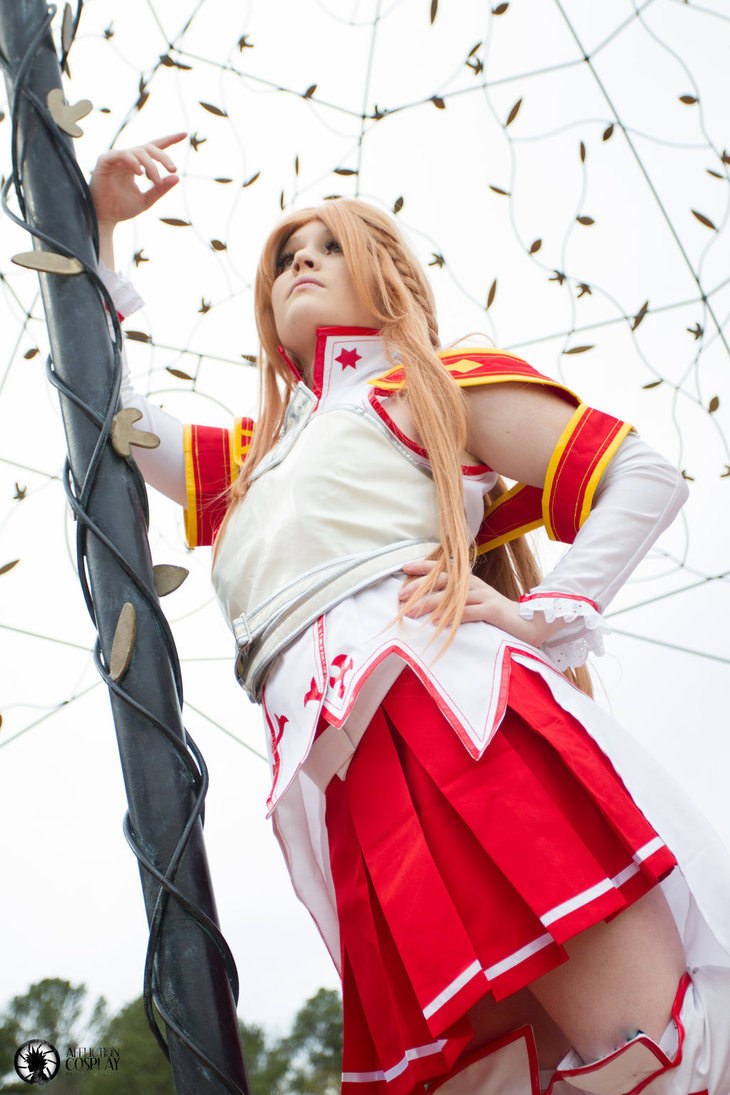 1girl asuna_(sao) breasts cosplay female foxycosplay from_below long_hair outside skirt solo sword_art_online tagme
