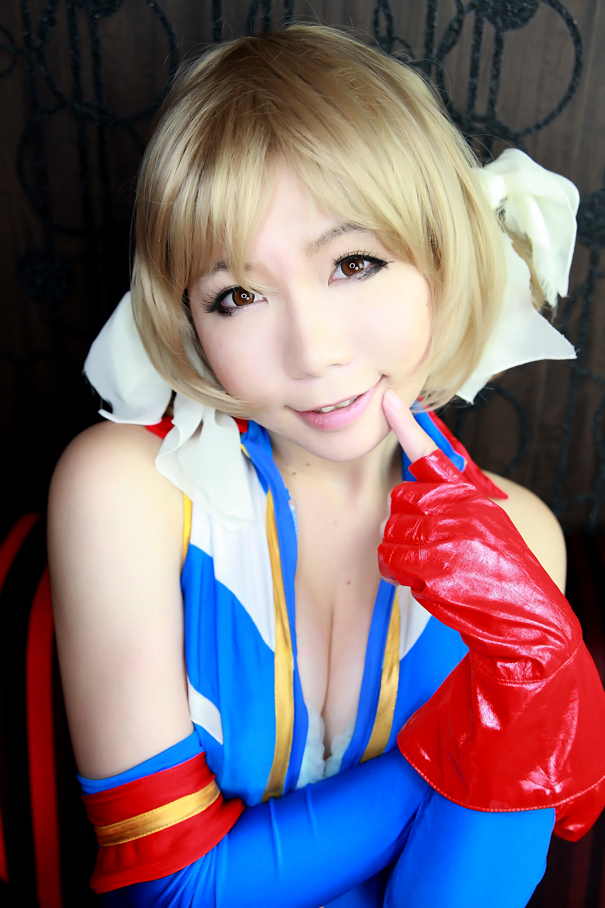 asian blonde_hair breasts female gloves pigtails short_hair solo