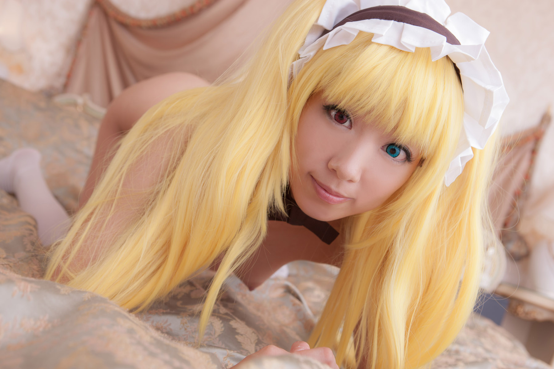 asian bed blonde_hair breasts cosplay dress erect_nipples female large_breasts long_hair navel nipples nude sitting solo thighhighs twintails