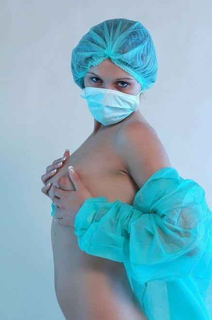 breast_grab cap cosplay female looking_at_viewer mask nude scrubs surgeon surgical_mask
