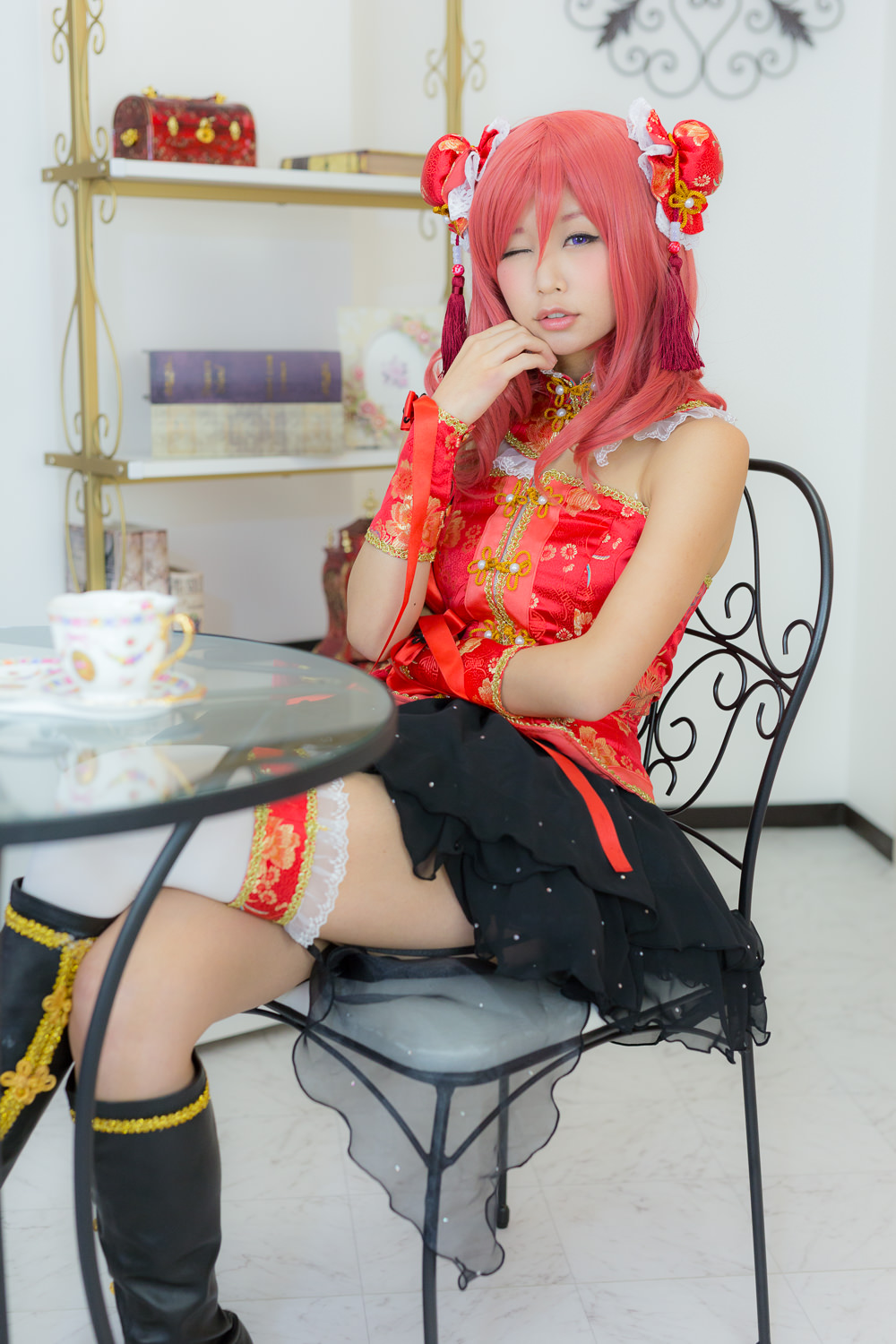 asian bare_shoulders boots breasts female high_heels itsuki_akira long_hair pink_hair skirt solo