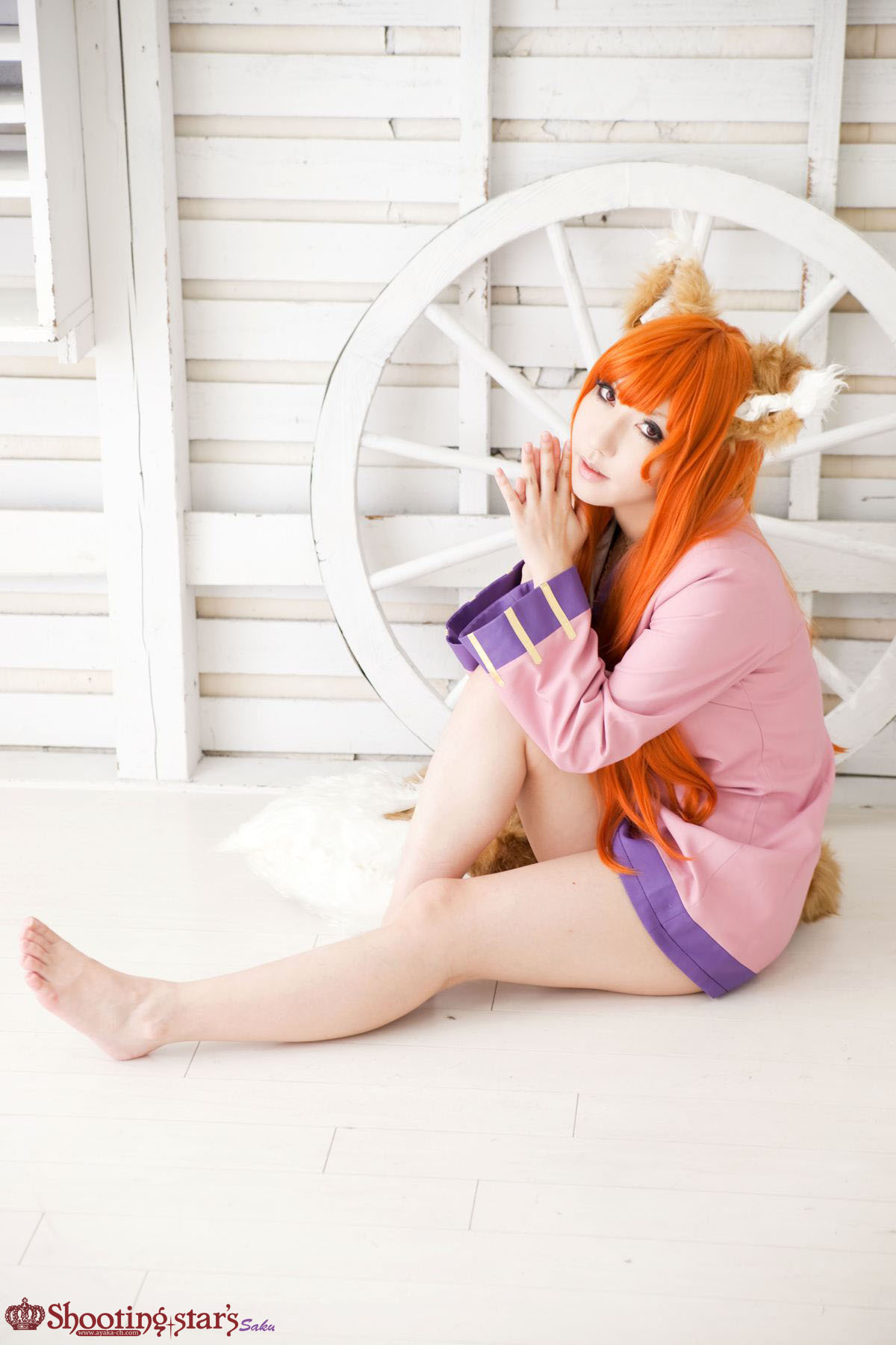 animal_ears asian breasts cosplay female long_hair orange_hair shooting_star solo watermark