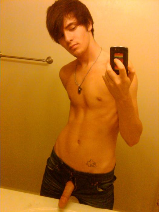 brown_hair camwhore gay jeans male mirror necklace penis photo selfpic solo topless unzipped