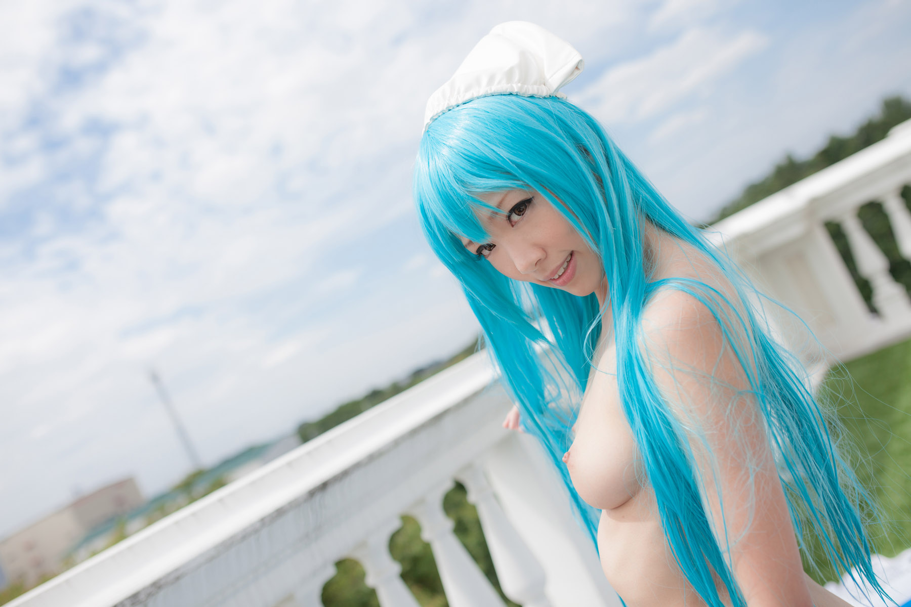 asian blue_hair breasts cosplay erect_nipples female hat long_hair navel nipples nude outside pool pubic_hair solo water wet