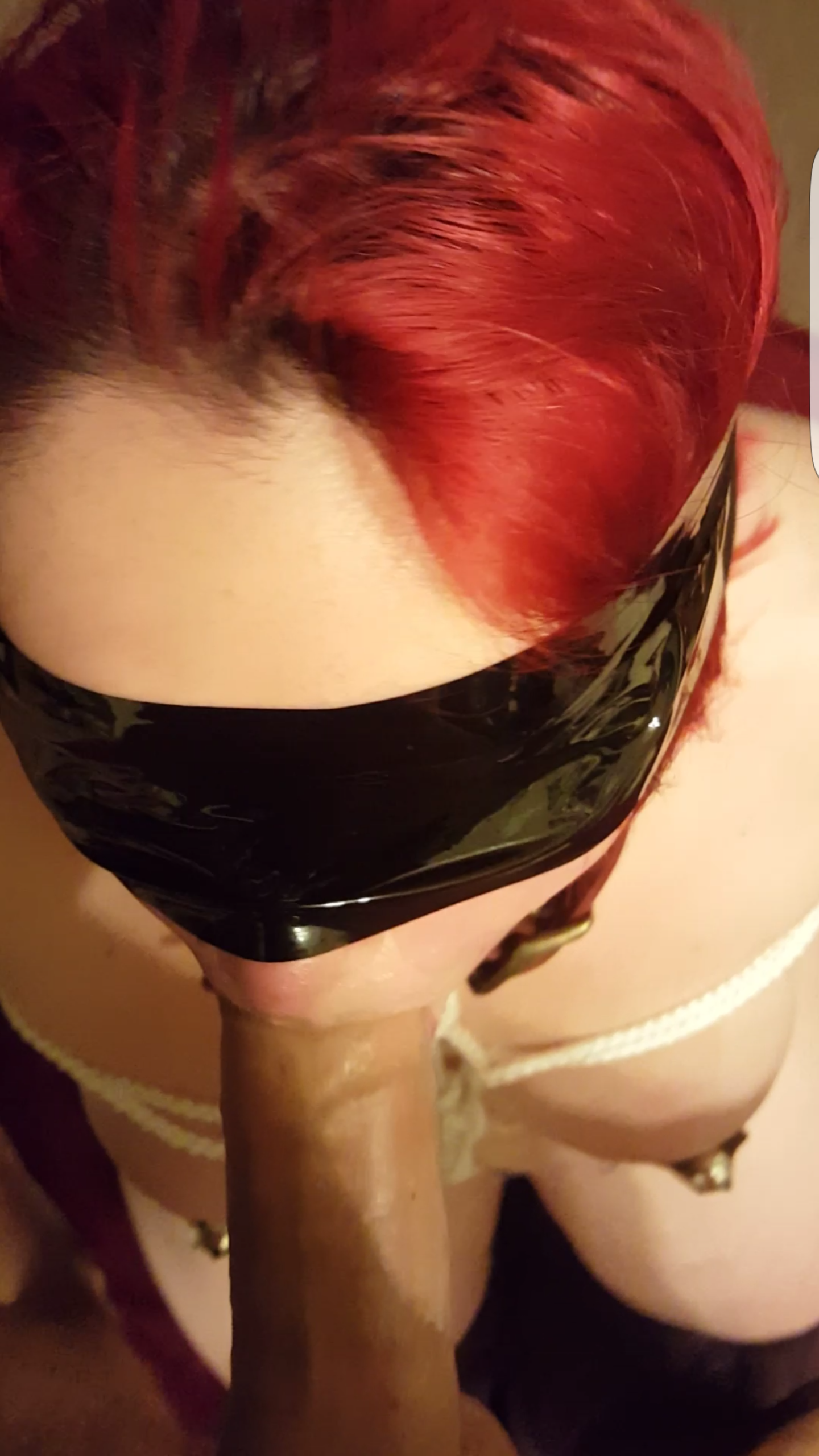 balls blindfolded blowjob bondage breasts fellatio forced gagged gagging hair imminent_deepthroat nipple_vibrators nipples oral penis pov red_hair rope tied