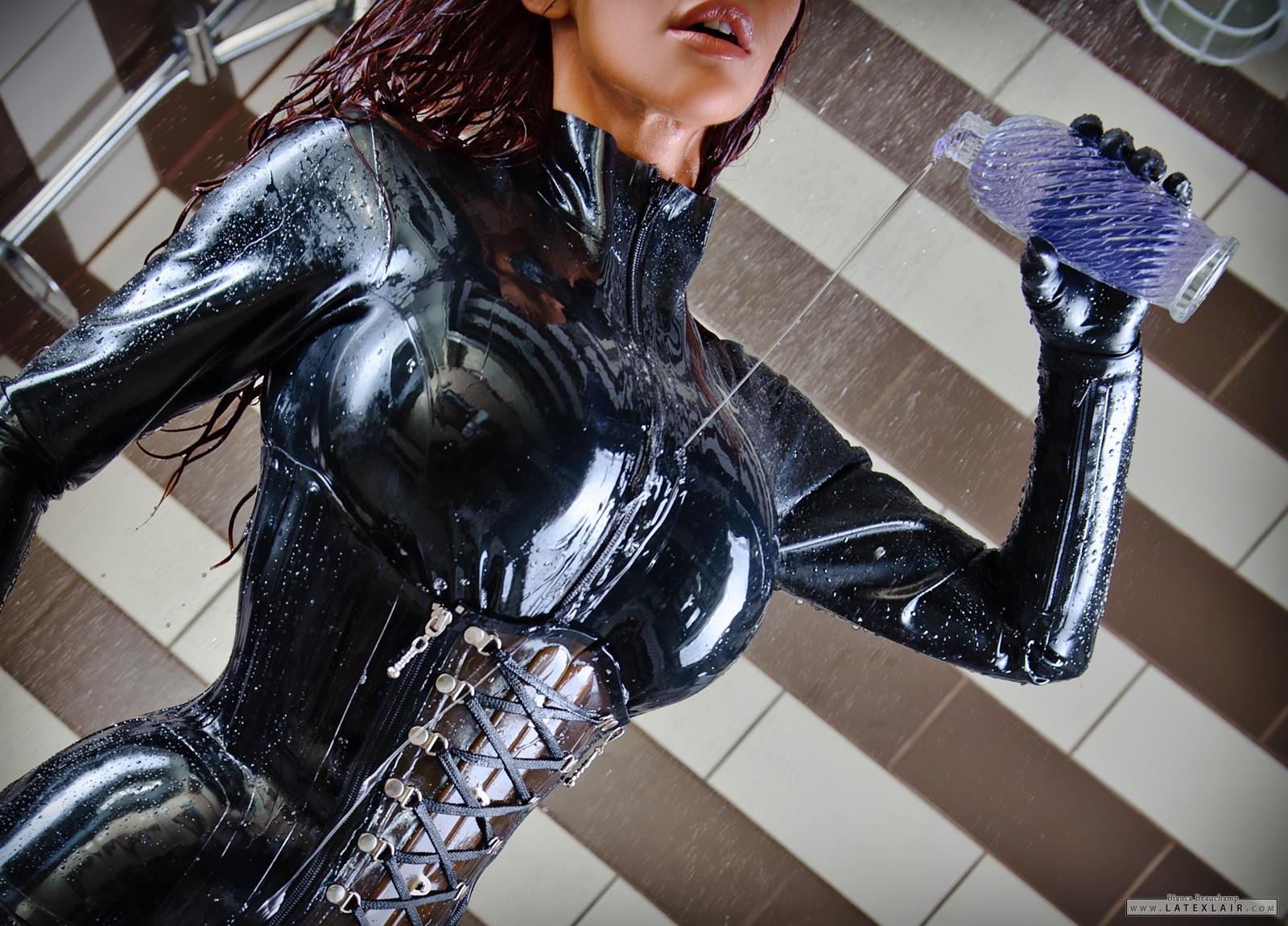 bianca_beauchamp bodysuit breasts corset female gloves large_breasts latex shower solo watermark wet