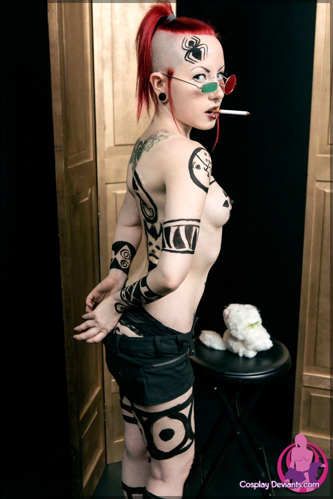 breasts cosplay female glasses long_hair porphyria red_hair solo tattoo watermark