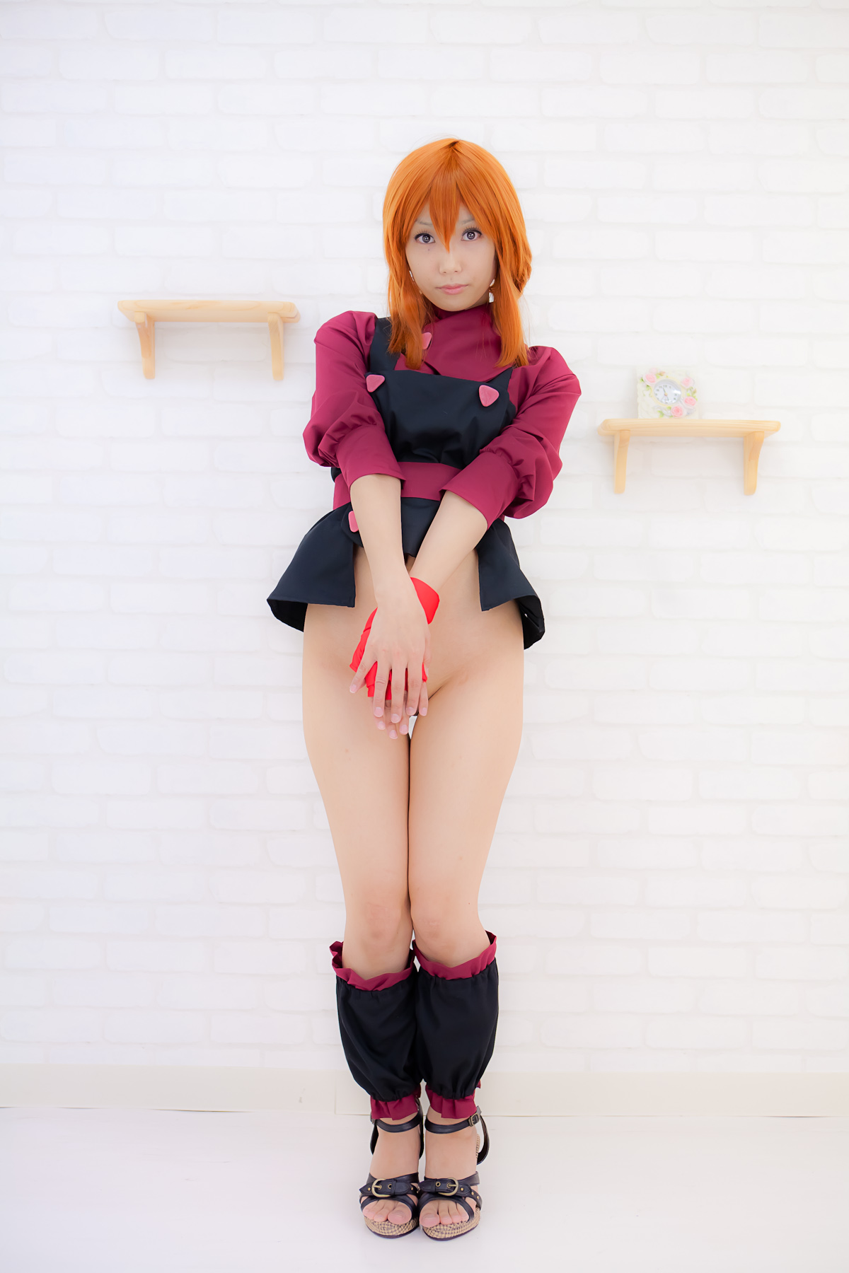 apron asian belt breasts cosplay female long_hair orange_hair sandals shoes solo