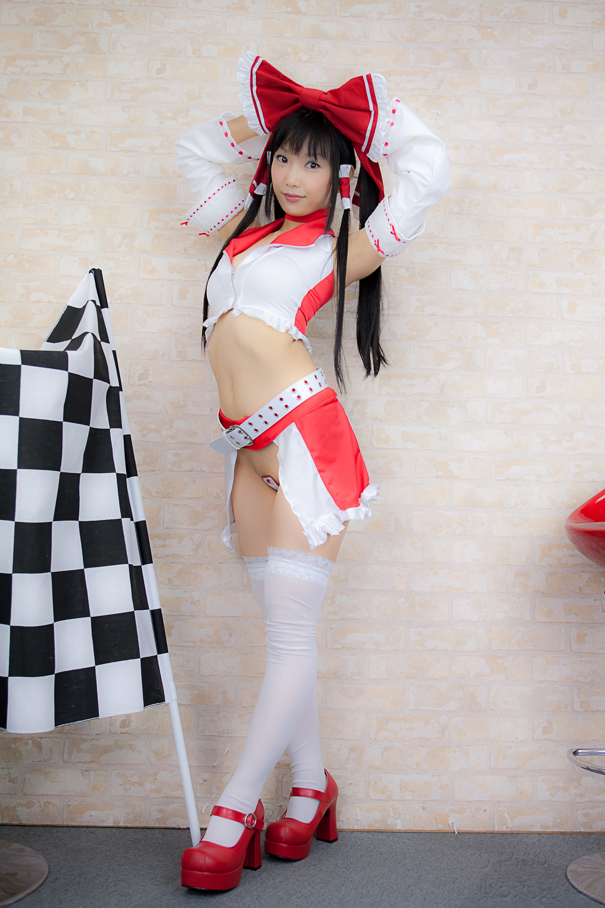 asian belt black_hair breasts cosplay female high_heels long_hair midriff shoes solo thighhighs