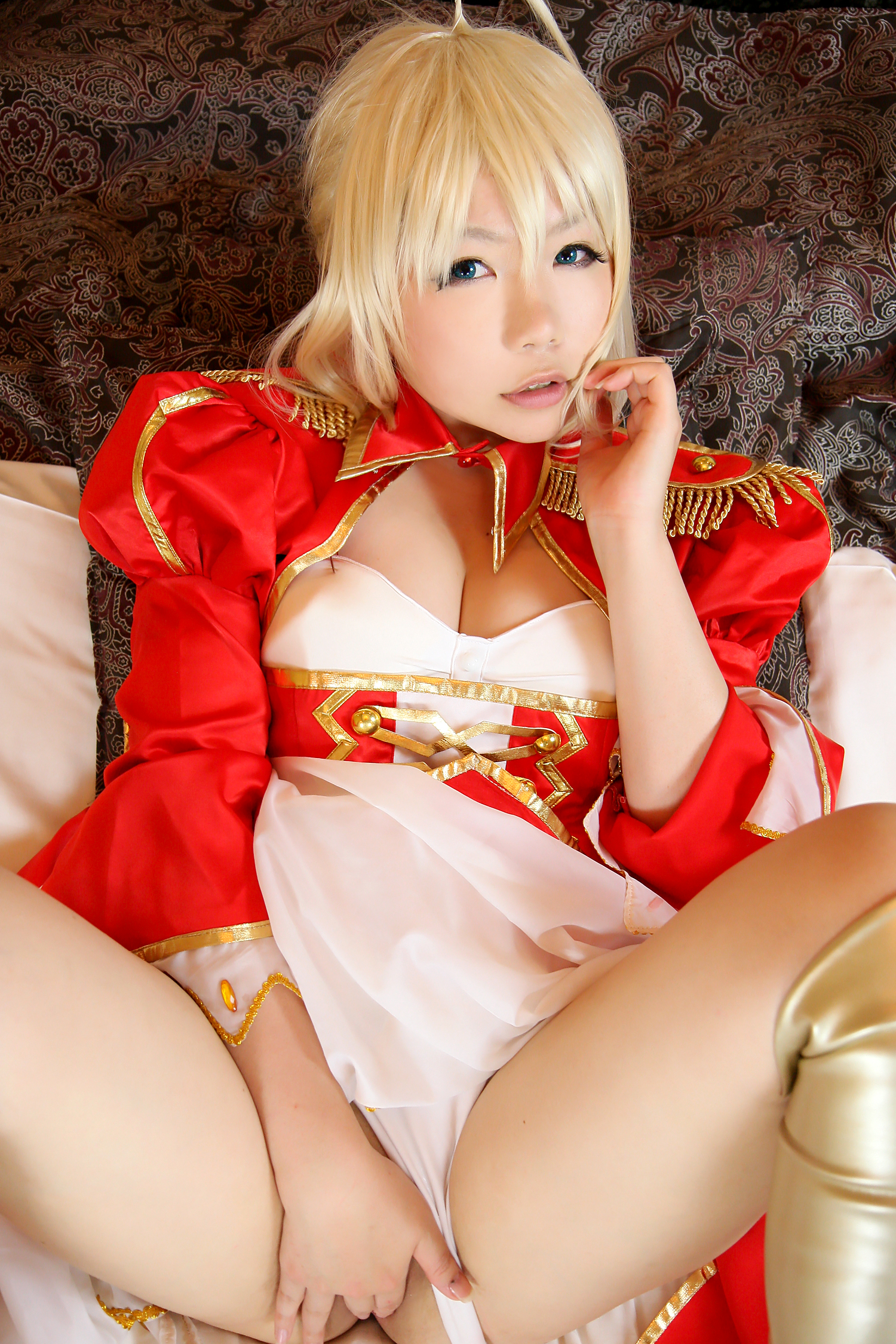 asian bed blonde_hair boots breasts cosplay dress female high_heels long_hair panties solo