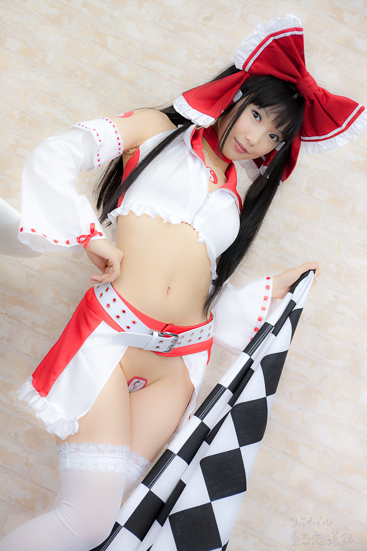 asian belt black_hair breasts cosplay female high_heels long_hair midriff shoes solo thighhighs