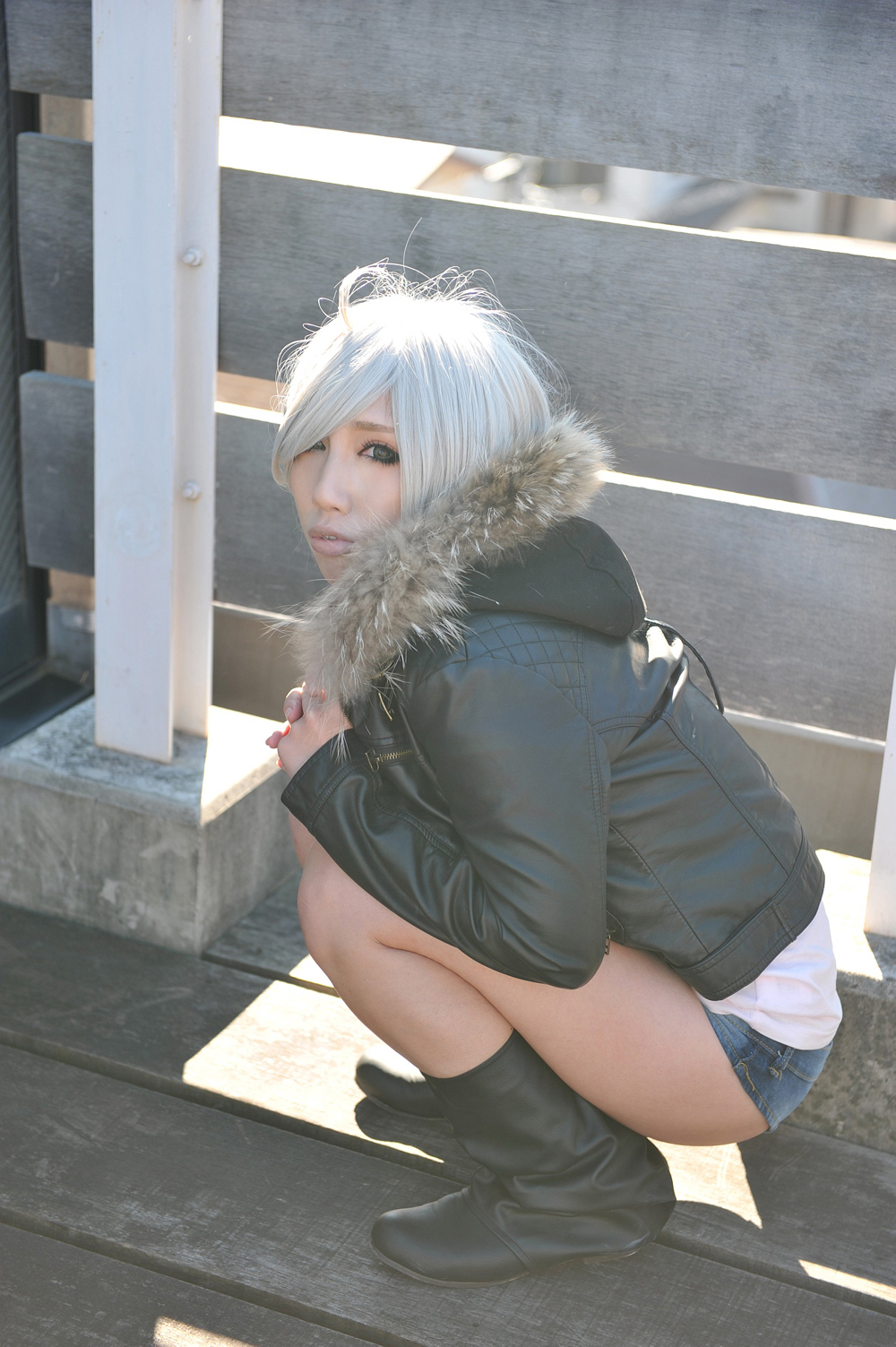 asian boots breasts female hotpants jacket large_breasts nonsummerjack short_hair solo white_hair