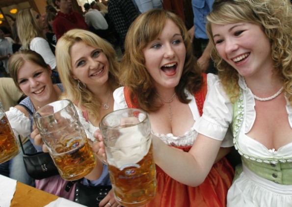 alcohol bavaria beer blonde_hair breasts cleavage dirndl dress female german germans germany long_hair mouth_open multiple_girls oktoberfest smiling