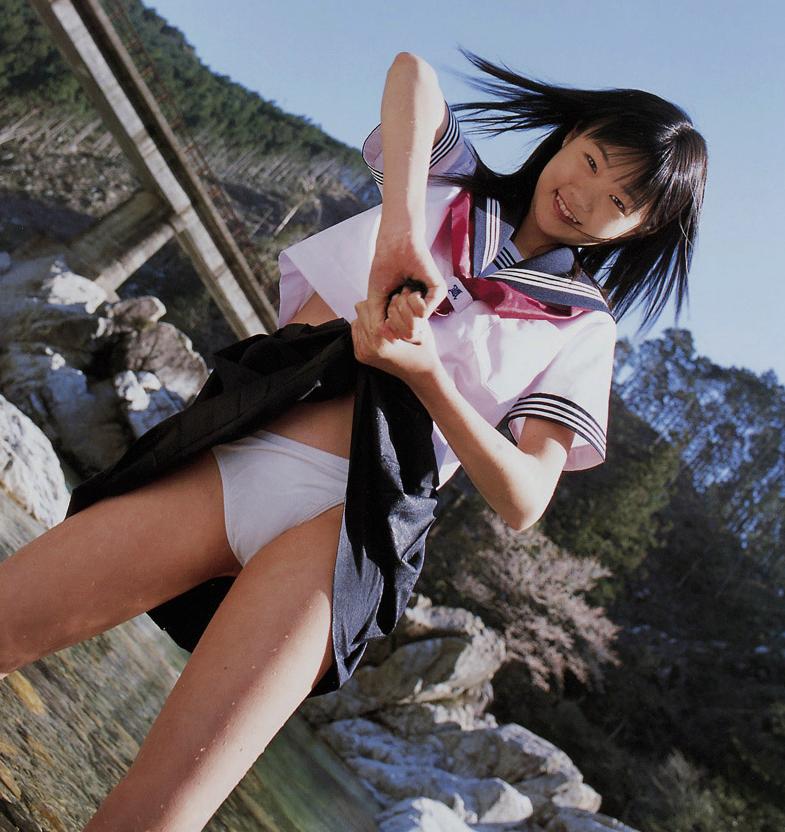 asian japanese nature outdoors outside panties school_uniform schoolgirl seifuku serafuku skirt skirt_lift smile underwear wet