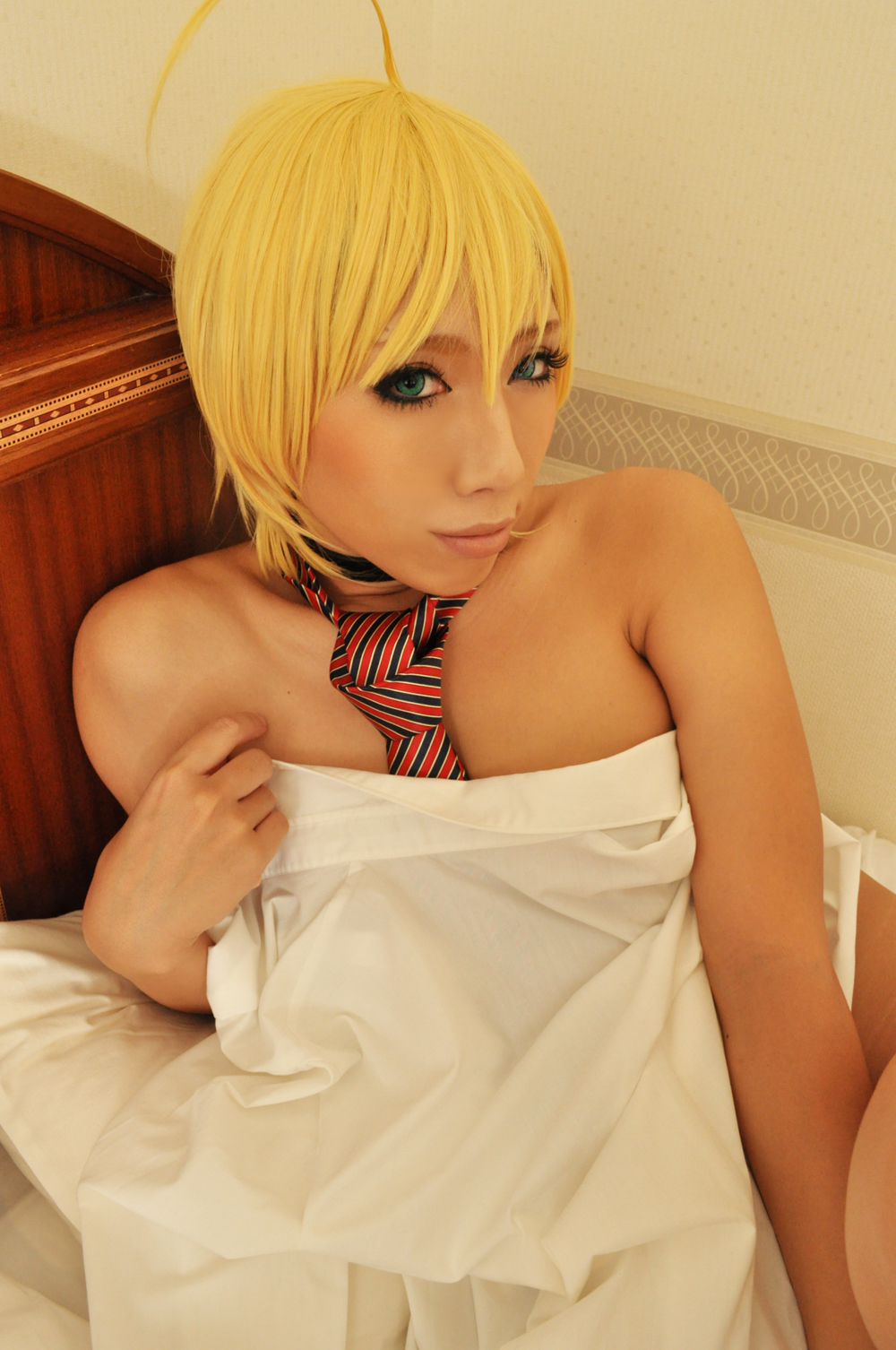 asian bed blonde_hair breasts female large_breasts necktie nonsummerjack nude short_hair solo