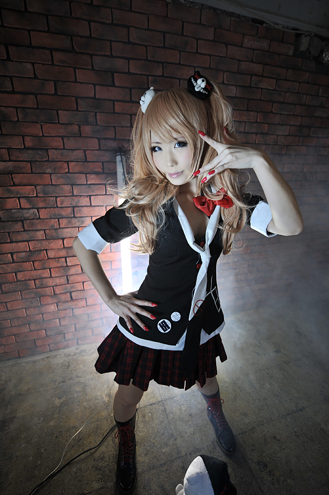 asian breasts brown_hair cosplay female high_heels long_hair pigtails shoes skirt solo