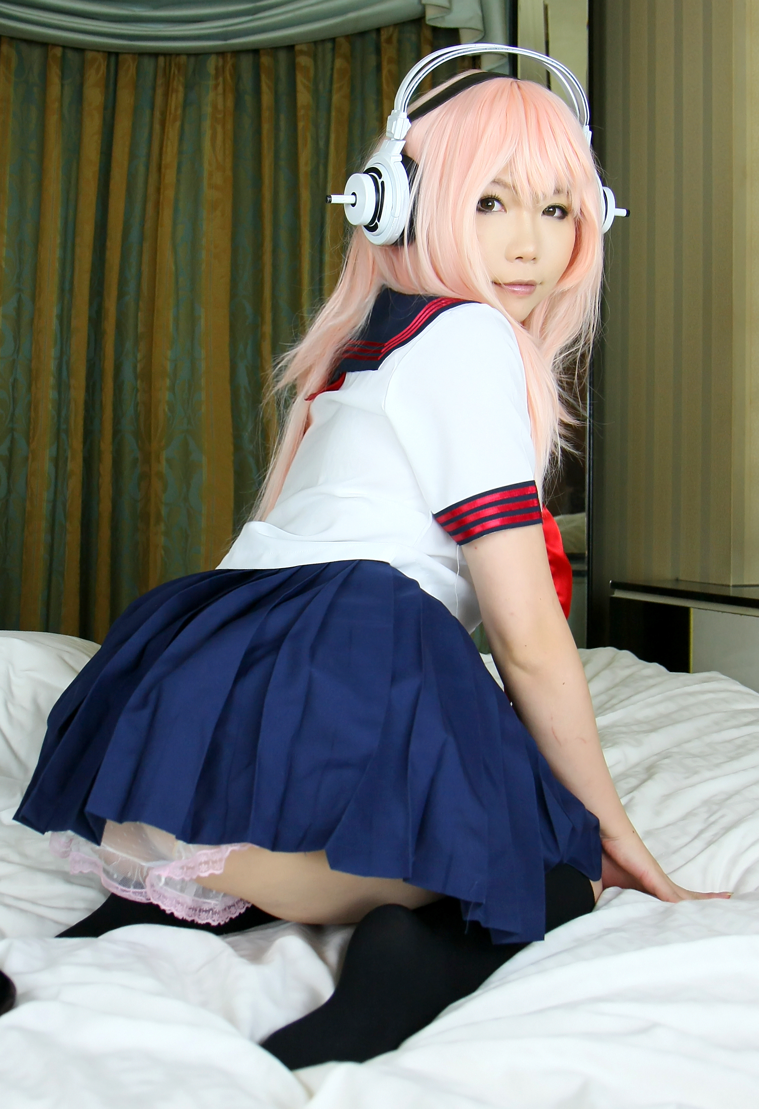 asian breasts female headphones high_heels long_hair pink_hair shoes skirt solo super_sonico