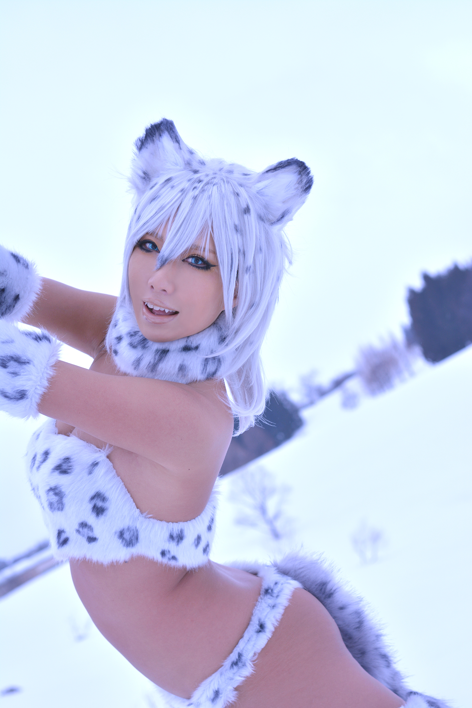 animal_ears asian boots bra breasts canine(tooth) classy_furry fang fangs female gloves large_breasts long_hair midriff navel nonsummerjack outside panties purple_hair snow solo