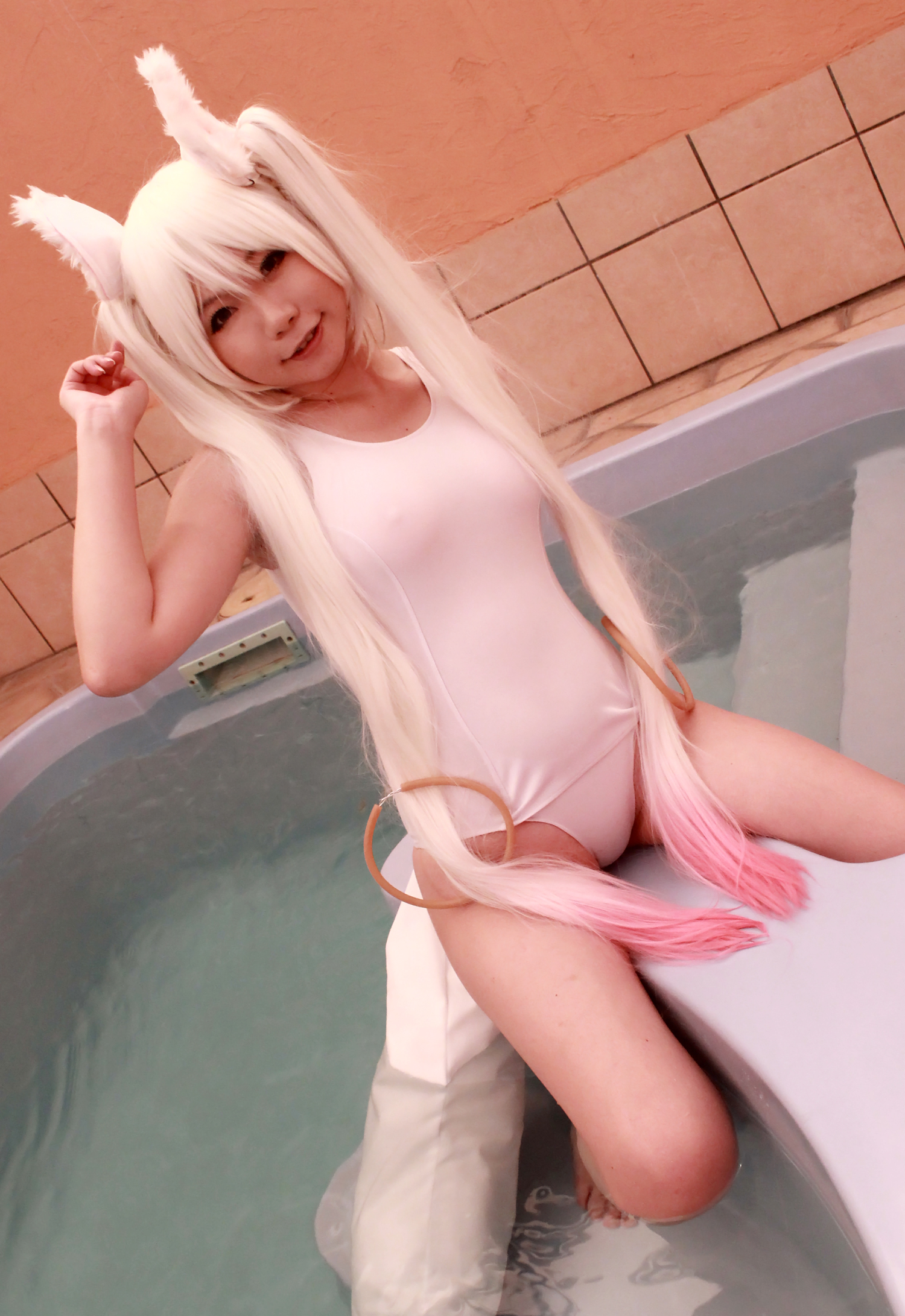 animal_ears asian breasts cosplay female long_hair pool solo twintails water wet white_hair