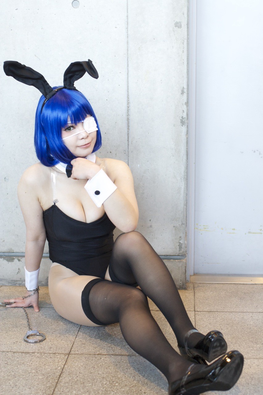 animal_ears asian bare_shoulders blue_hair breasts cleavage cosplay female handcuffs leotard long_hair solo
