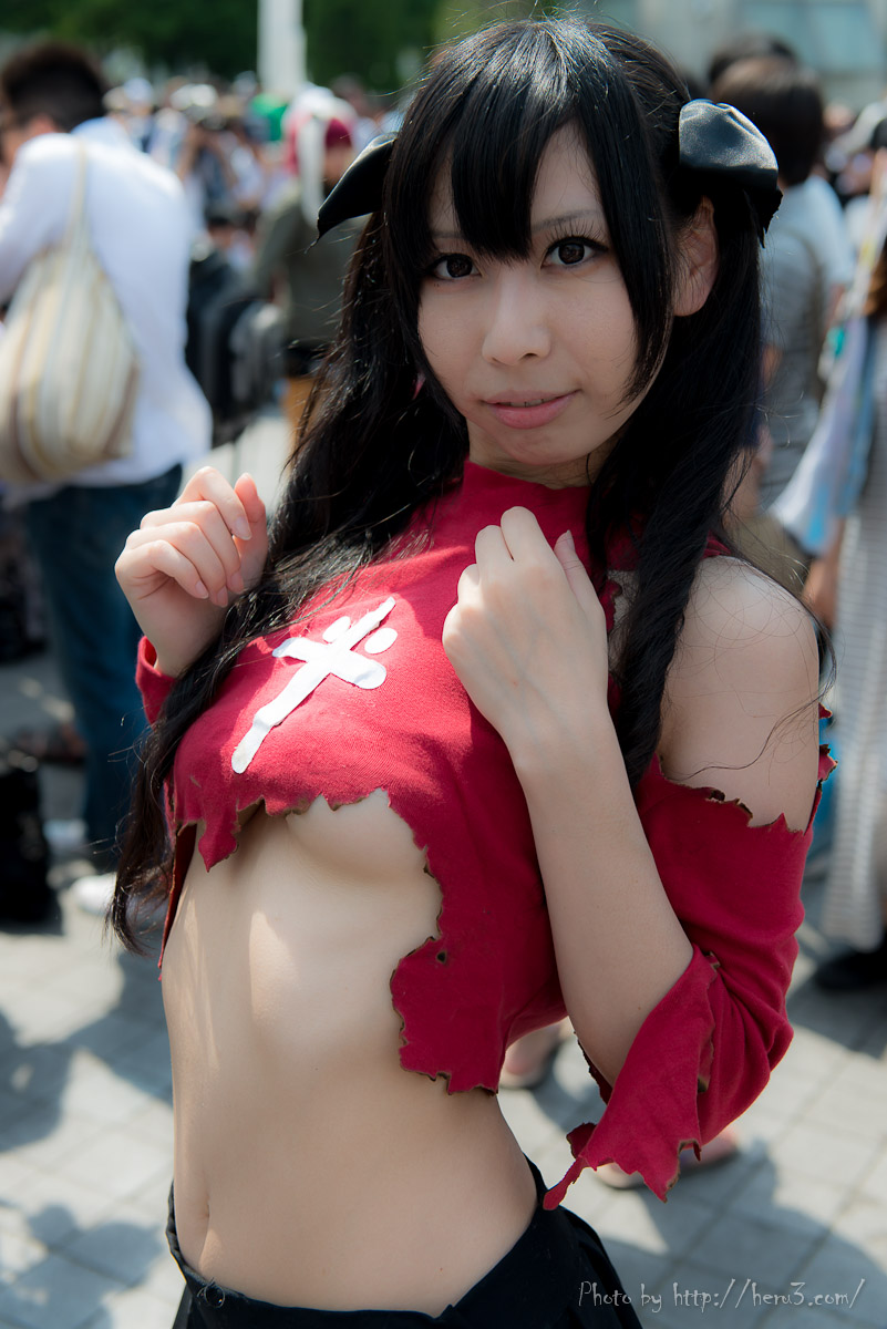 asian black_hair breasts cosplay fate/stay_night fate_(series) long_hair outside tohsaka_rin