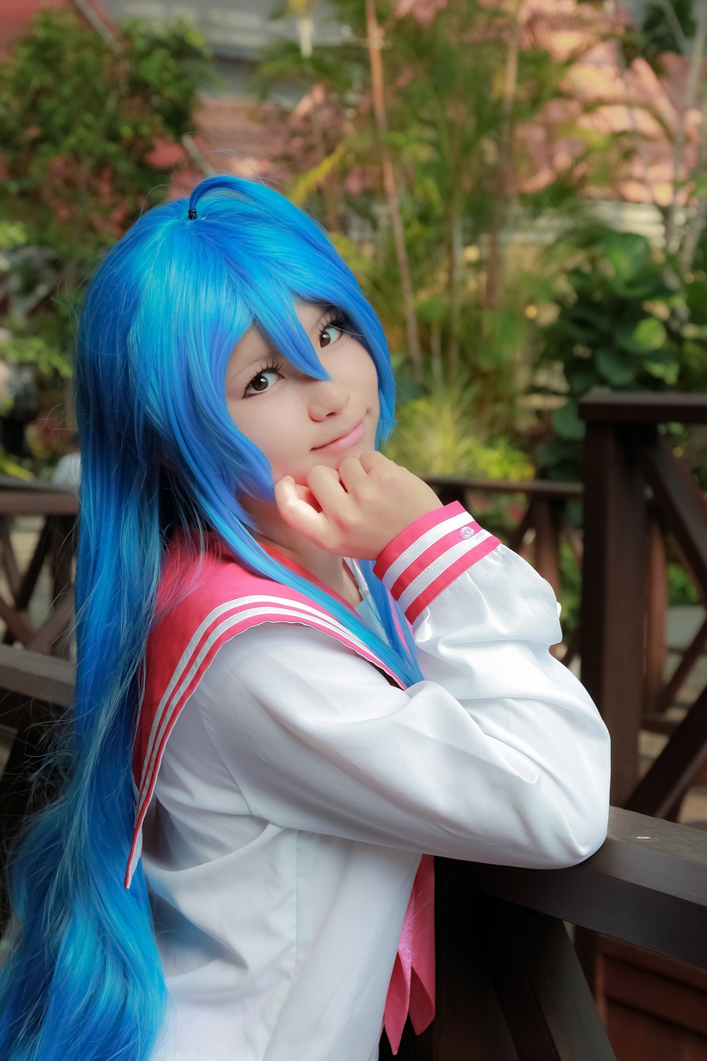 asian blue_hair breasts cosplay enako female long_hair solo