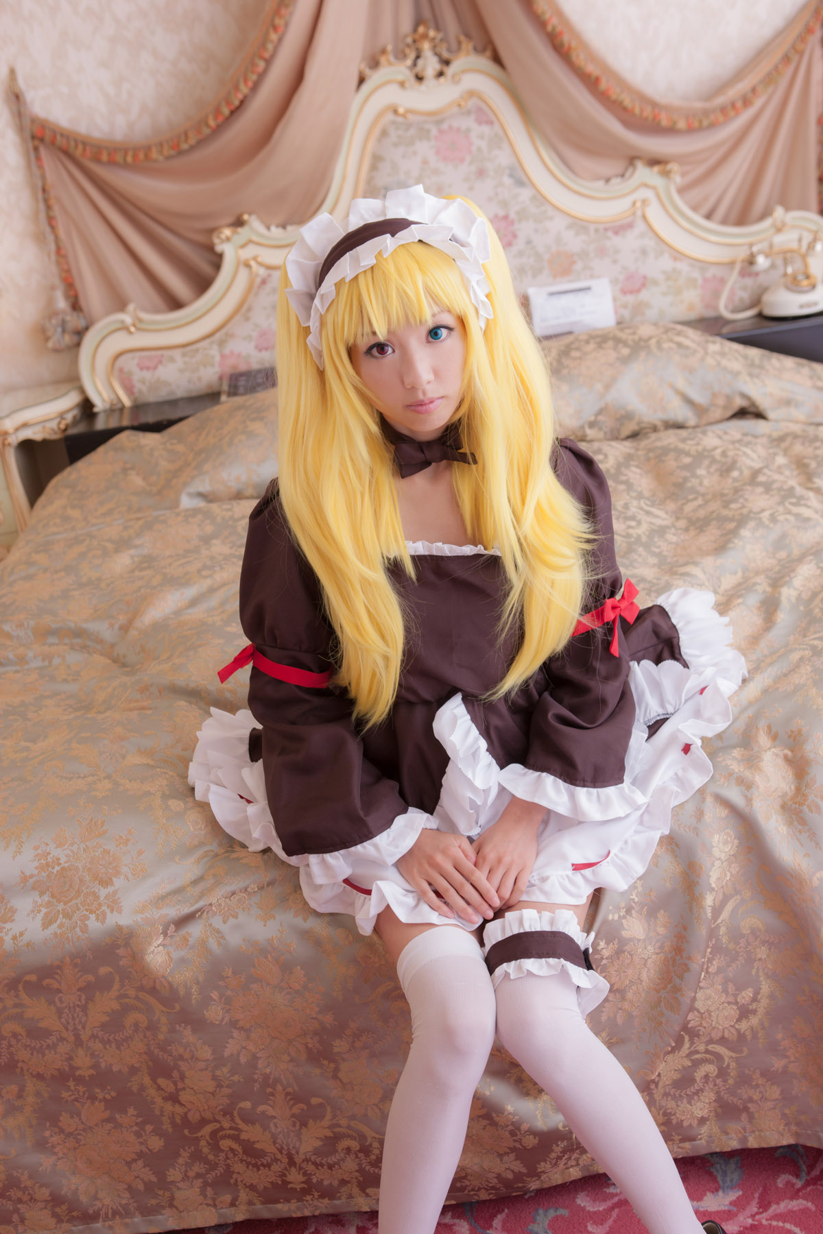 asian blonde_hair breasts cosplay dress female high_heels large_breasts long_hair shoes solo thighhighs twintails