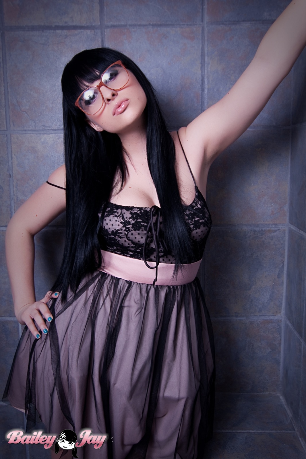 arm_raised armpits bailey_jay black_hair breasts large_breasts long_hair pale_skin shemale solo watermark
