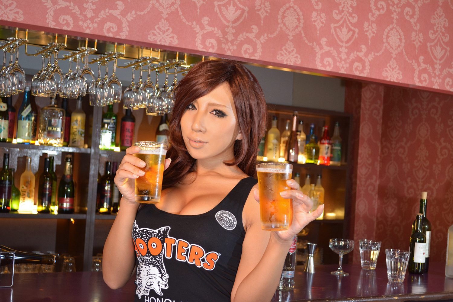 asian blonde_hair breasts female hooters large_breasts long_hair nonsummerjack solo tank_top