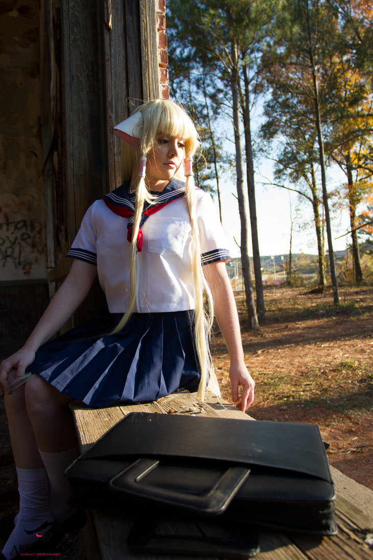 bag blonde_hair breasts chii chobits cosplay female foxycosplay long_hair outside sitting skirt socks solo