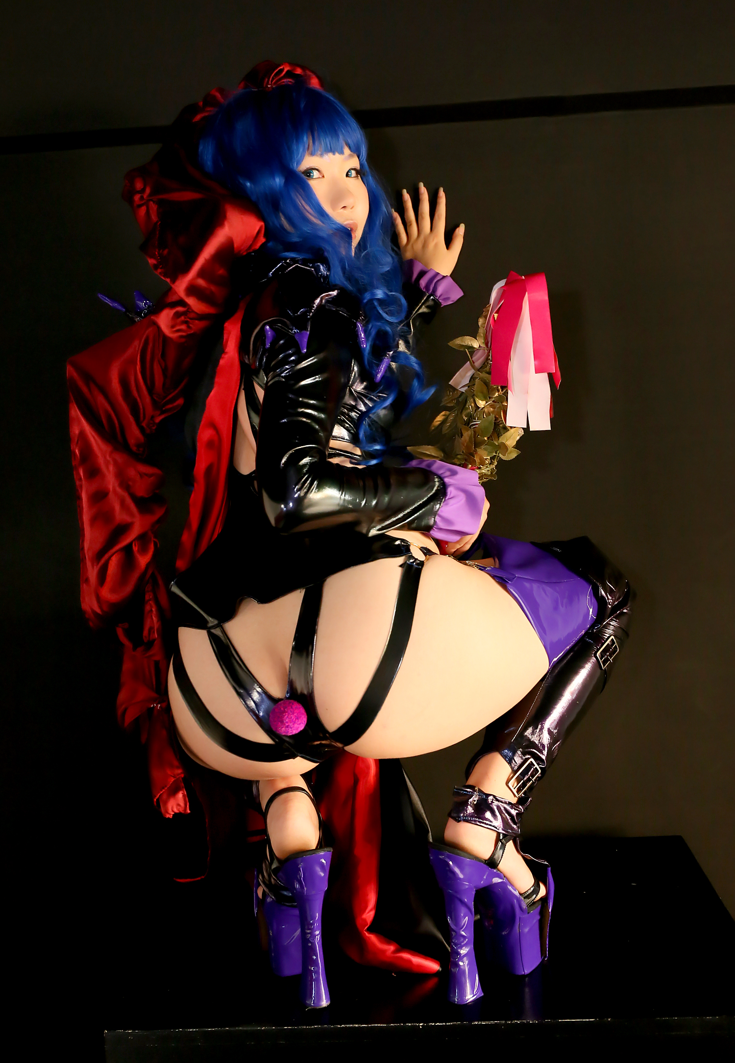 asian blue_hair breasts cosplay female high_heels latex long_hair panties shoes solo thighhighs