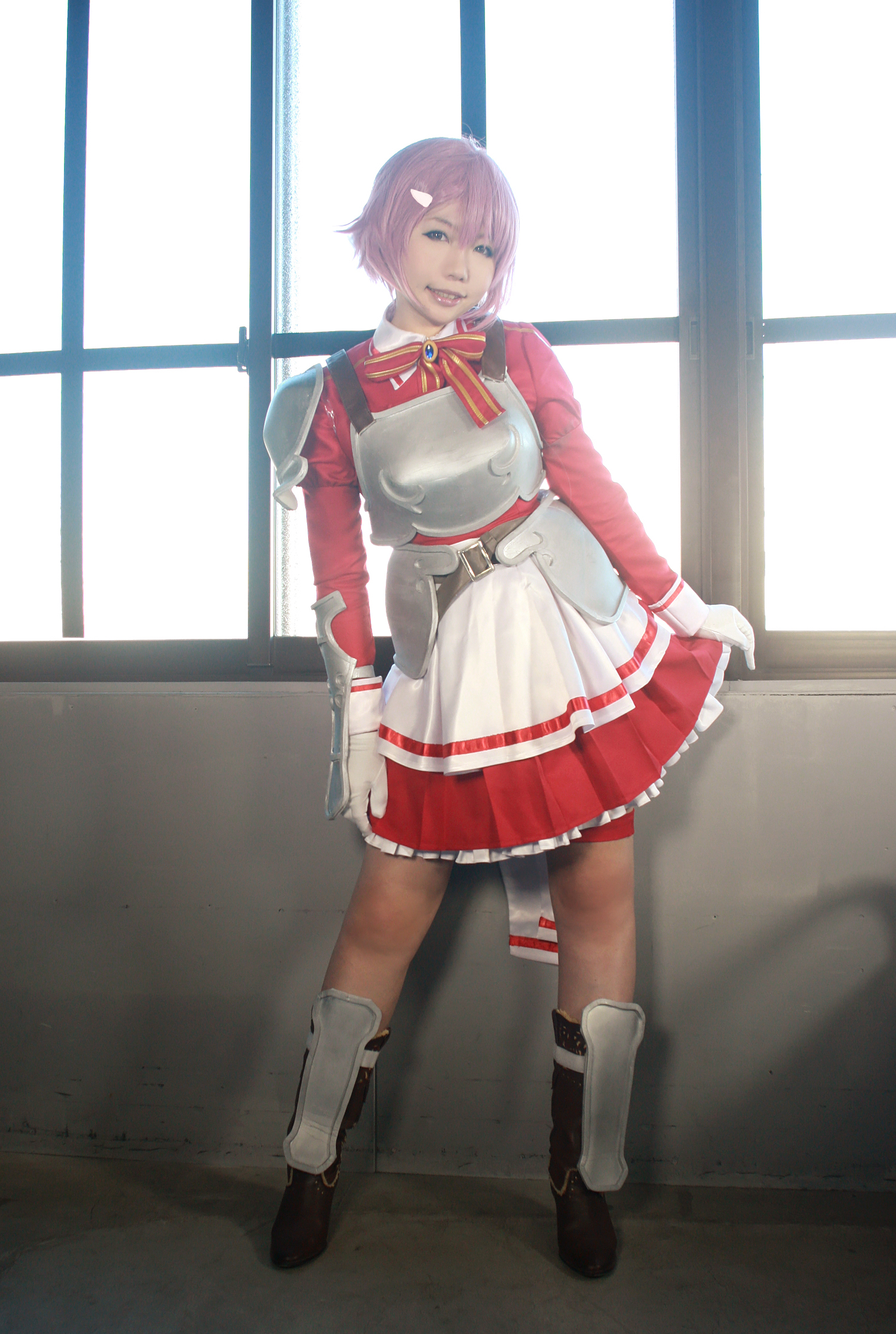 1girl asian boots breasts cosplay dress female high_heels higurashi_rin lisbeth_(sao) pink_hair short_hair solo sword_art_online
