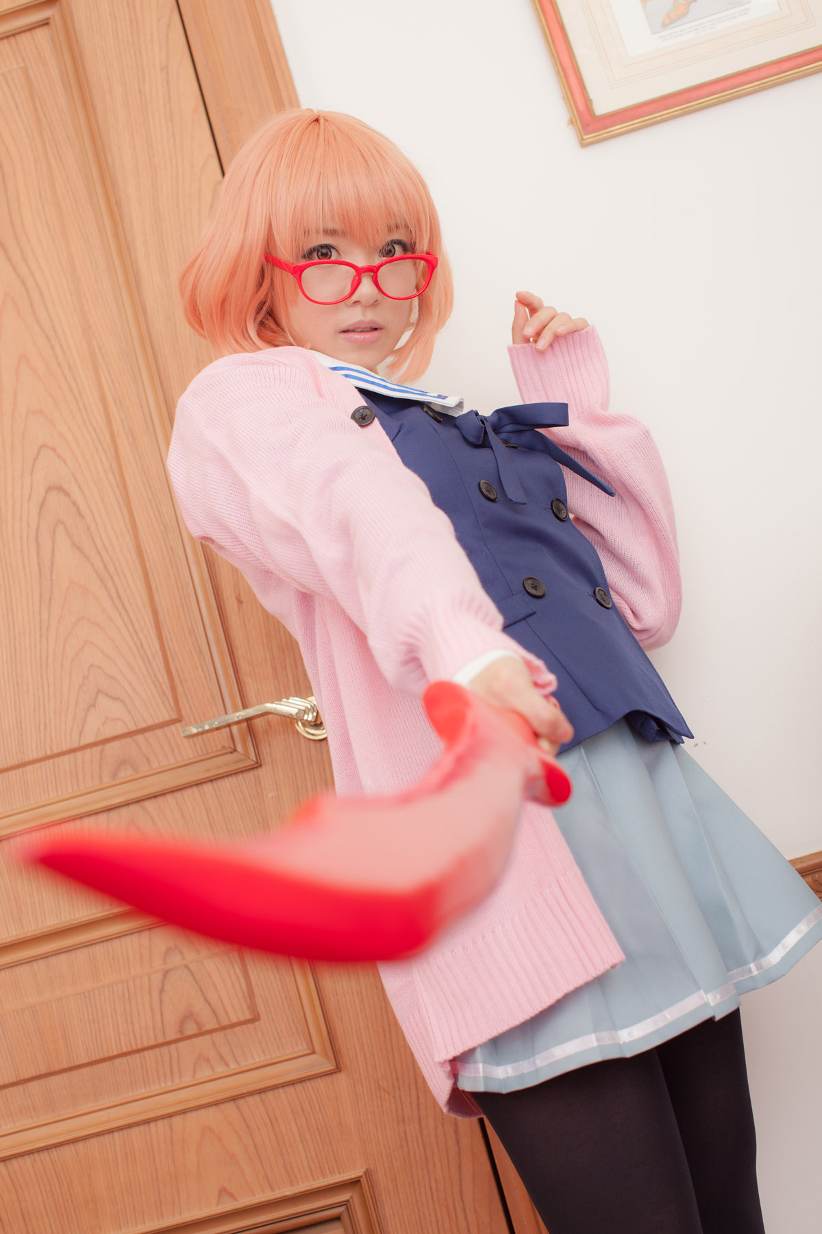 asian breasts cosplay female glasses high_heels pantyhose pink_hair shoes short_hair skirt solo sword weapon