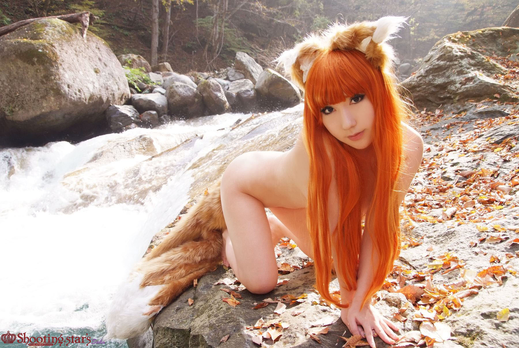 animal_ears asian breasts female long_hair nude orange_hair outside shooting_star solo tail watermark