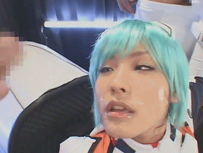 1girl animated aqua_hair asian breasts censored clothed_female_nude_male cosplay cum cum_in_mouth ejaculation gif japanese long_hair mosaic_censoring neon_genesis_evangelion open_mouth penis rei_ayanami tongue