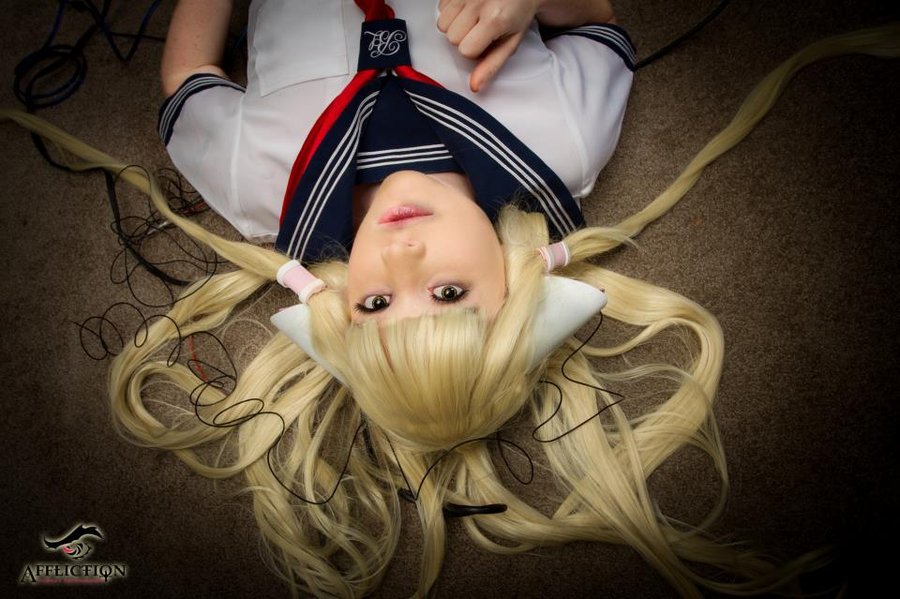1girl breasts chii chobits cosplay female foxycosplay long_hair lying lying_on_back solo tagme