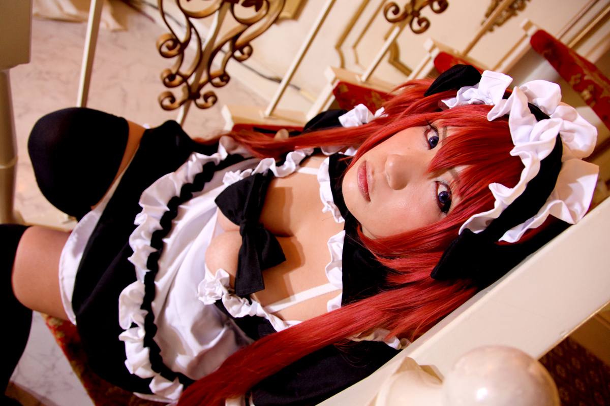 asian breasts chouzuki_maryou dress female huge_breasts long_hair maid plump red_hair shoes socks solo watermark